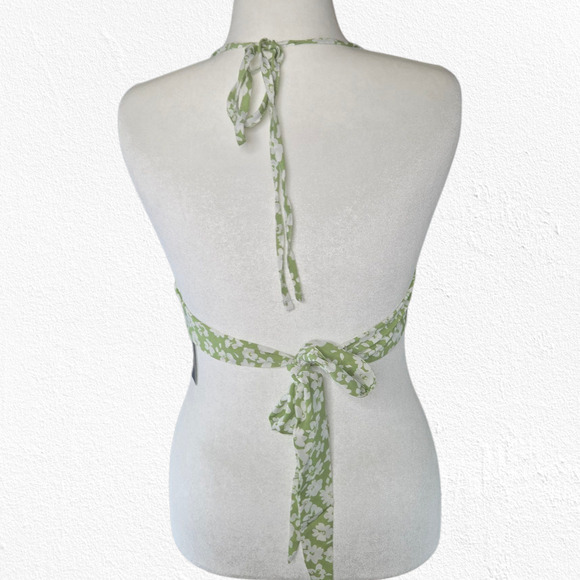Floral Green White Handkerchief Hem V Neck Halter Tie Back Tank Top Size Medium - Picture 8 of 8